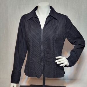 Covington Black Zipper Front Long Sleeve Solid Striped Blouse Large (14-16)